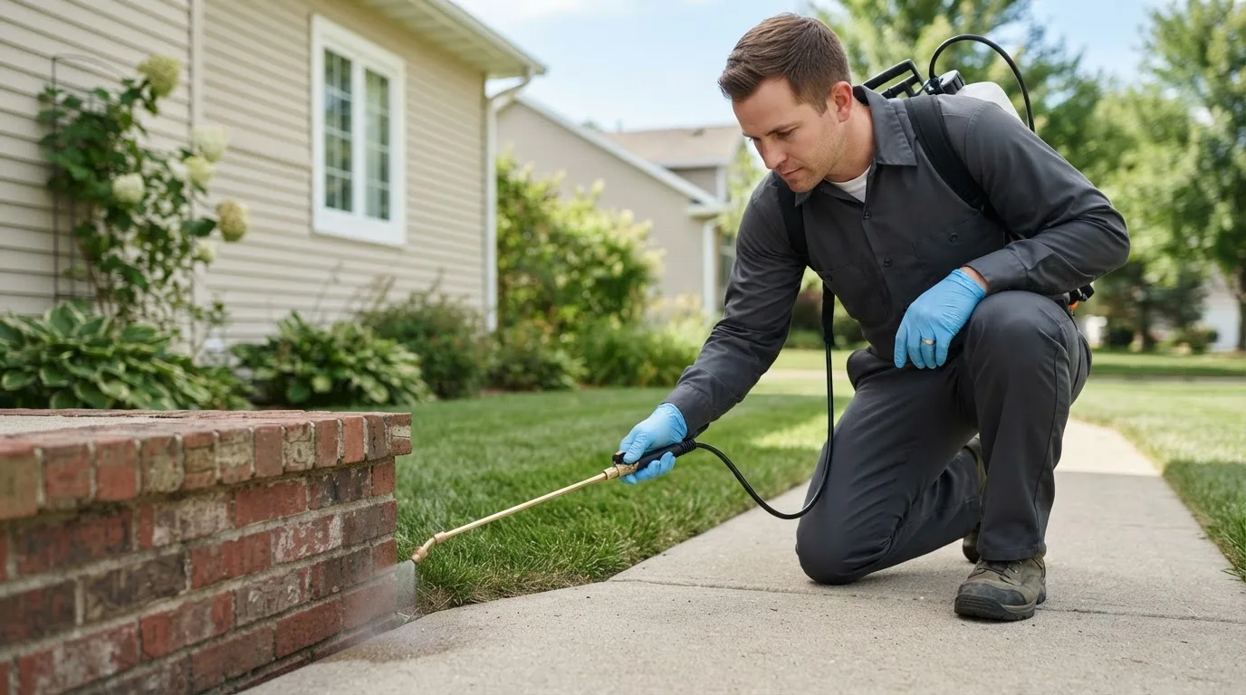 Pest control technician treating a home near Liberal, KS